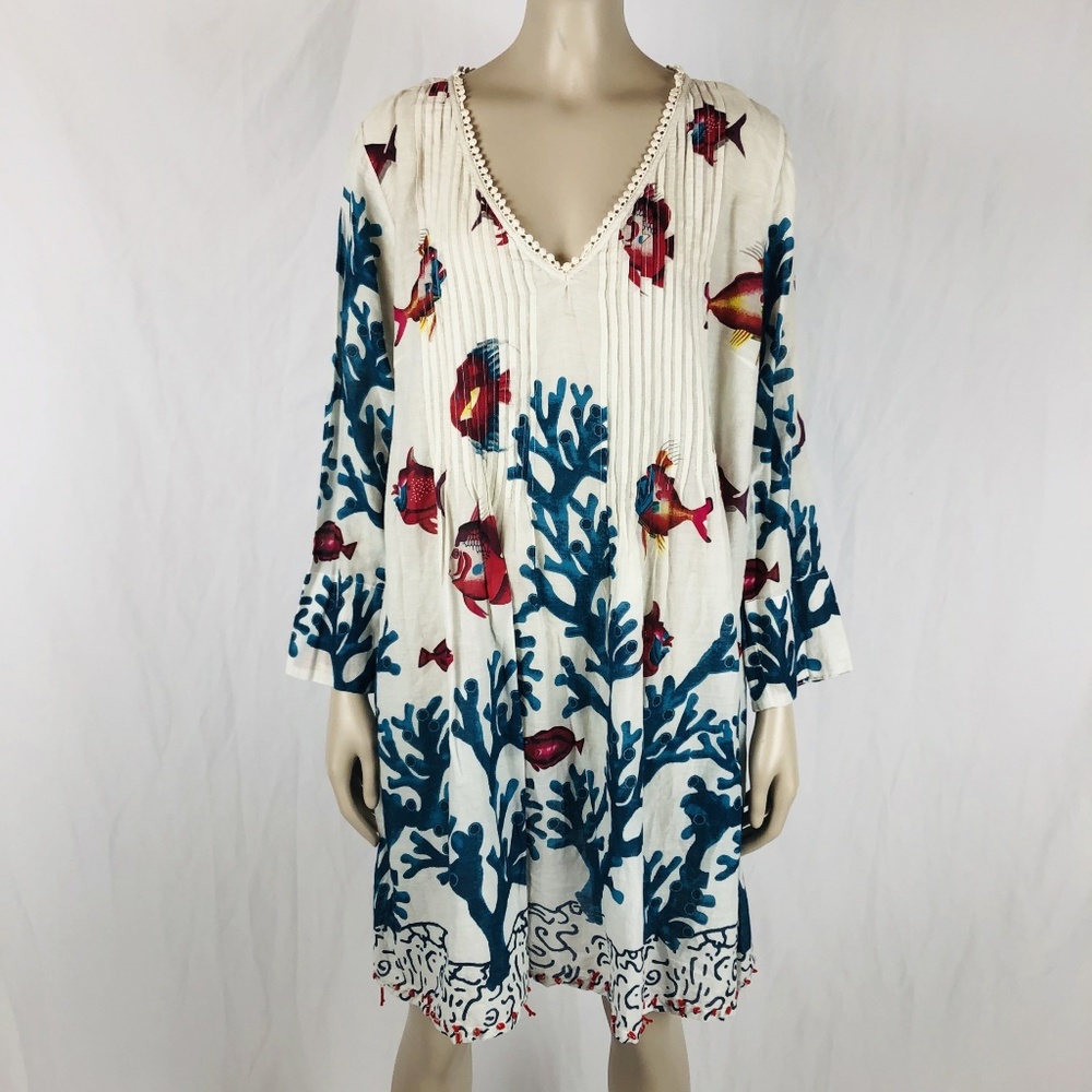 Soft Surroundings Dress Sz L White Fish Print